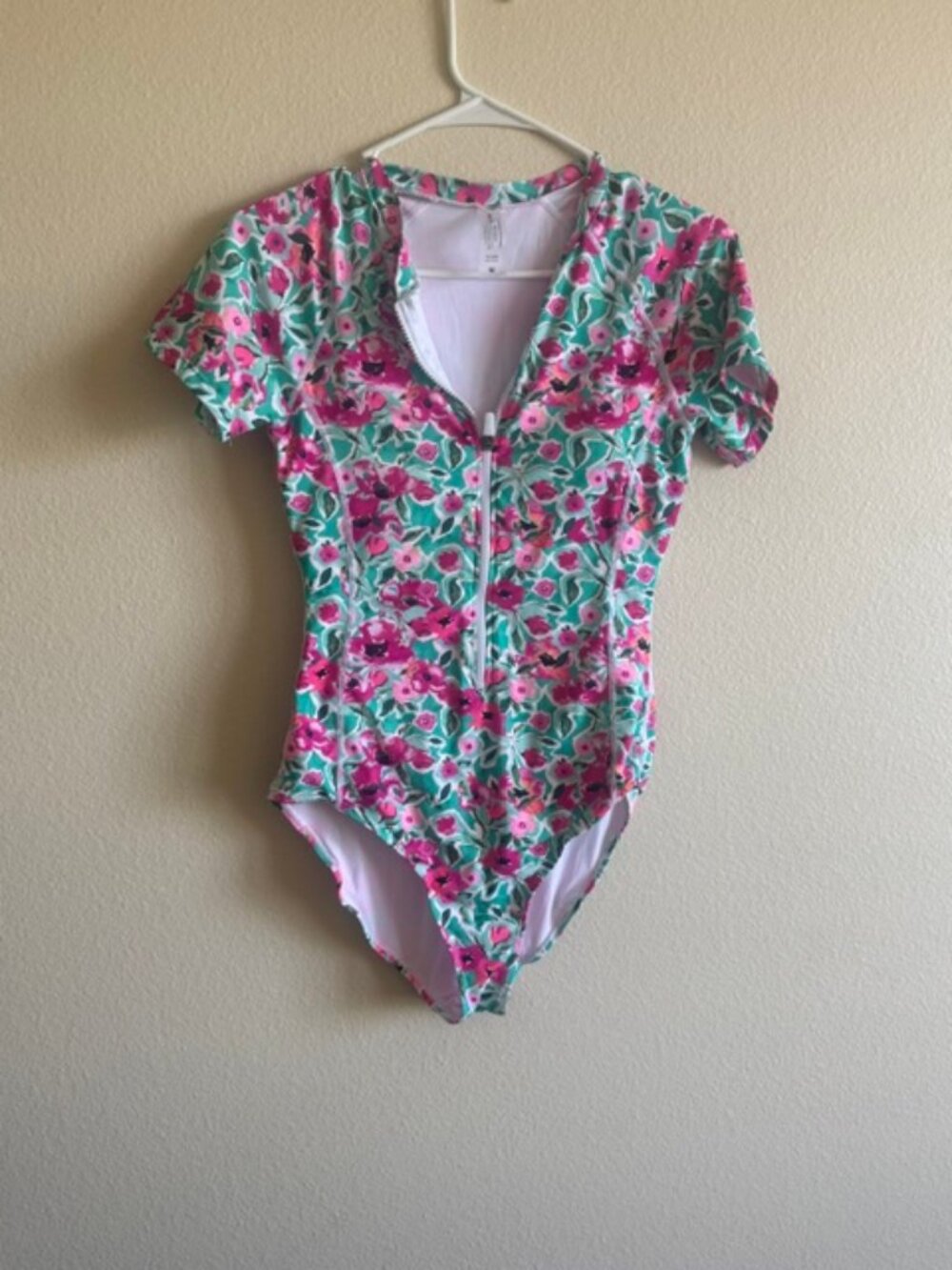 Catherine Malandrino Floral Scuba Zip Up Short Sleeve Swimsuit